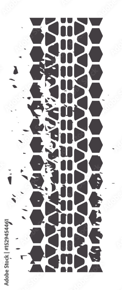 Poster vertical grunge tire track featuring a hexagonal tread pattern leaves a striking trail on a white ba