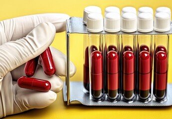Hand holding red capsules beside a rack of blood sample tubes