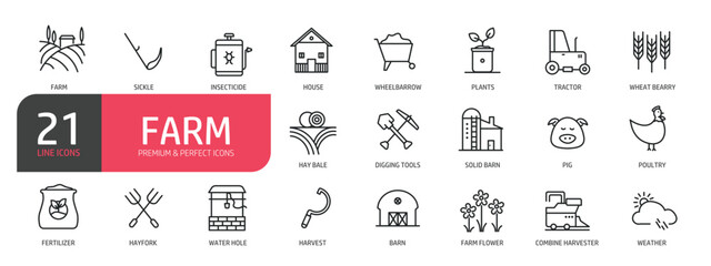 Set of line icons related to farm, solid barn, weather, farm flower, combine harvest. Outline icons collection. Editable stroke. Vector illustration.