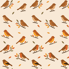 Autumn Birds on Branches Seamless Pattern