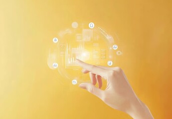 Hand interacting with a holographic data visualization on a light orange background