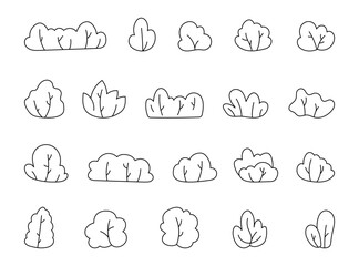 Botanical bush in outline line art set with foliage elements for yours garden in natural landscape and forest environment and for creative designs projects, illustration