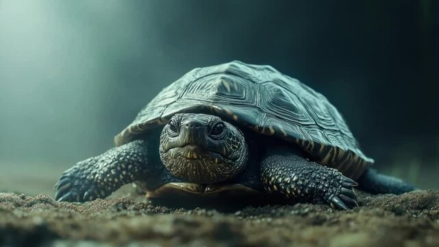 Old wild tortoise on the rocks, a slow and cute reptile with a unique shell