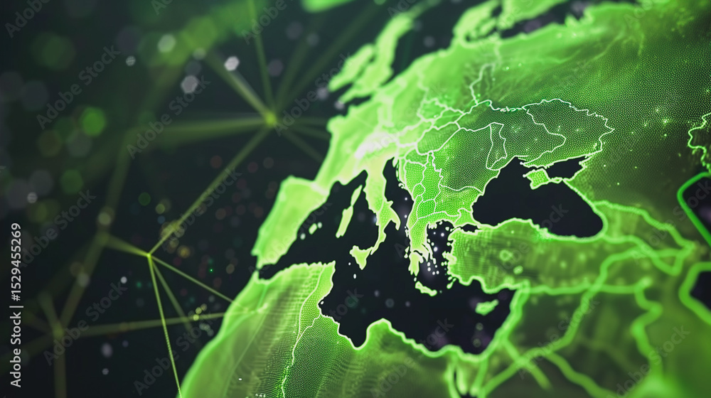 Poster global network: green digital lines illuminate a portion of the earth, highlighting a global network