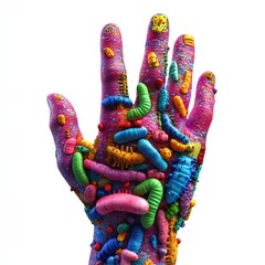 Vibrant hand covered in colorful, diverse microbes