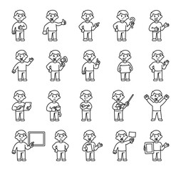 Fototapeta premium Boy guide character in educational pose set with tablet, pointer, signs, gestures, emotions, expression, standing position and communication symbols for yours illustration