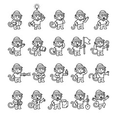 Monkey guide character set created for jungle adventure exploration using tools, maps, gestures, symbols, and ideas to communicate knowledge and emotion during missions