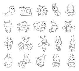 Animal insect character in outline line art set with cute worm snail beetle ant fly flea spider scorpion mantis mosquito created for charming cartoon illustrations