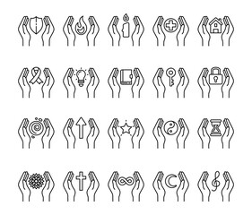 Spiritual abstract symbol set of elements with hands, flame, candle, house, key, lock, book, shield, moon, hourglass, star, ribbon, treble clef, mandala, and infinity
