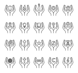 Spiritual abstract symbol set of elements with hands, flame, candle, house, key, lock, book, shield, moon, hourglass, star, ribbon, treble clef, mandala, and infinity