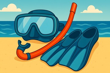 Colorful Snorkeling Gear with Mask and Fins on a Sunny Beach