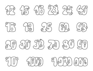 Set of numbers hand drawn symbol decorated with flowers for date, calendar, year, anniversary, celebration, with outline line art for yours illustration and creative designs projects