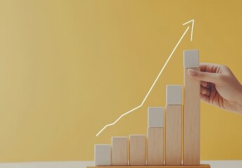 Hand placing wooden block on a rising graph