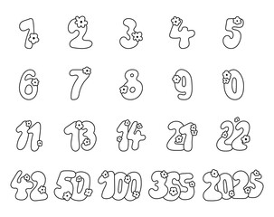 Set of numbers hand drawn numbers decorated with flowers for date, calendar, year, anniversary, celebration, with outline line art for yours illustration and creative designs projects