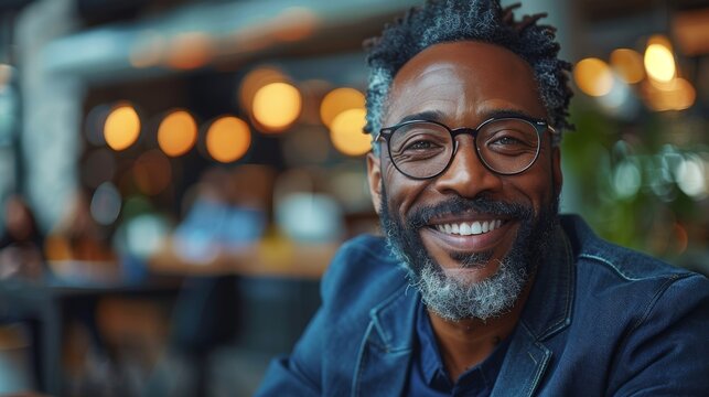 A joyful, middle-aged man with glasses smiling warmly at the camera in a cozy café setting, radiating positivity and approachability, enhancing the ambiance of the environment.