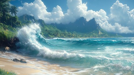 Tropical Coastline with Lush Mountains and Majestic Waves