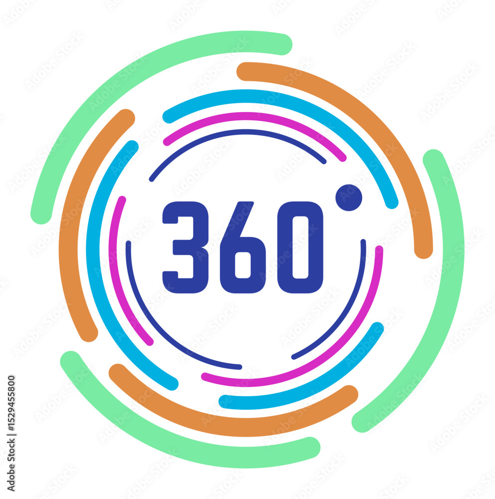 Poster colorful rounded lines encircling the number 360, representing concepts of virtual reality and augme