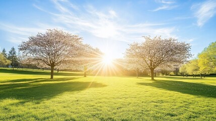 Fototapeta premium Sunrise park blossom trees green grass spring
