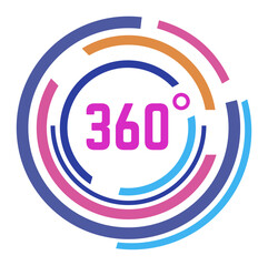 Colorful circular lines encircling the number 360 with a degree symbol, illustrating concepts of full rotation, angles, and virtual reality in a modern, abstract design