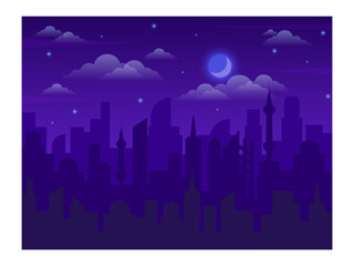 Fototapeta premium Futuristic cityscape silhouette with skyscrapers, mosques and modern buildings under cloudy night sky with shining crescent moon and stars, creating a magical and tranquil urban scene