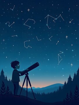 A boy gazing through a telescope at night sky constellations in flat art