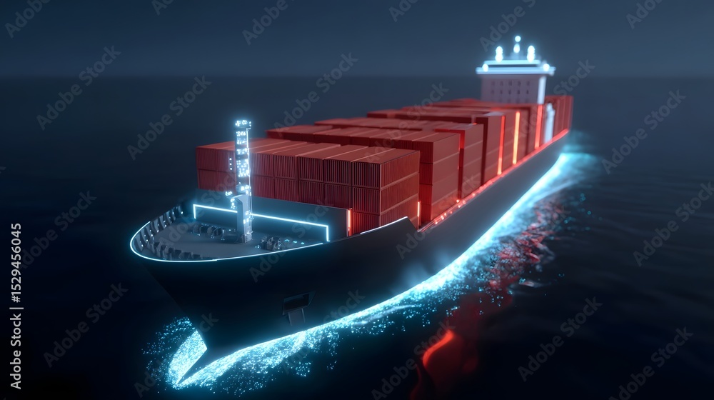Poster a large container ship glides through the ocean at night, its hull illuminated by a network of holog
