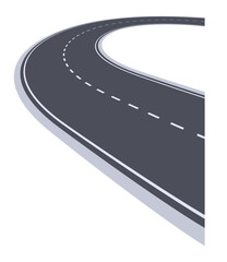 Winding road fading into the distance with dashed lines evokes themes of travel, adventure, and exploration, symbolizing freedom and forward momentum