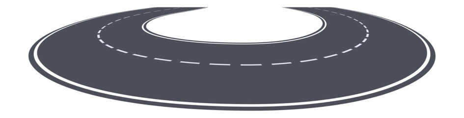 Winding road making a u turn with dashed lines marking the center of the road, representing a change of direction, return, or roundabout way, isolated on a white background