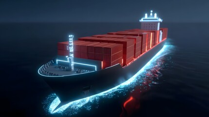 A large container ship glides through the ocean at night, its hull illuminated by a network of holographic data displays showcasing the latest in smart shipping technology and innovation.