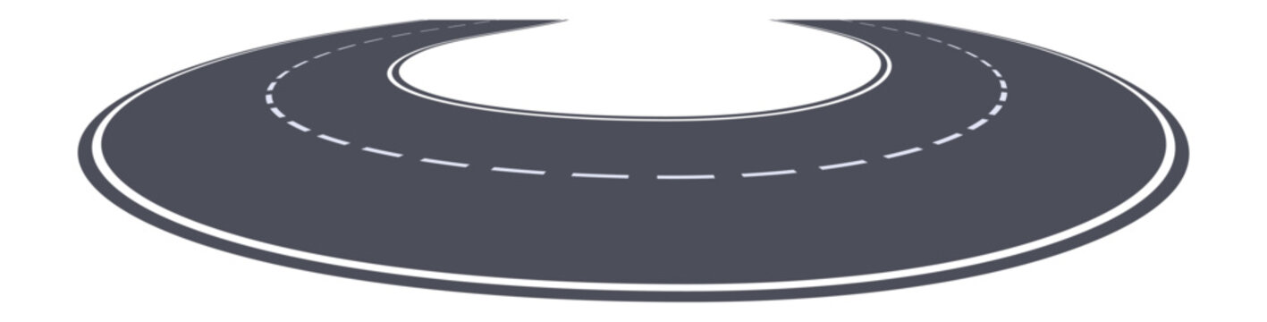Fototapeta Winding road making a u turn with dashed lines marking the center of the road, representing a change of direction, return, or roundabout way, isolated on a white background