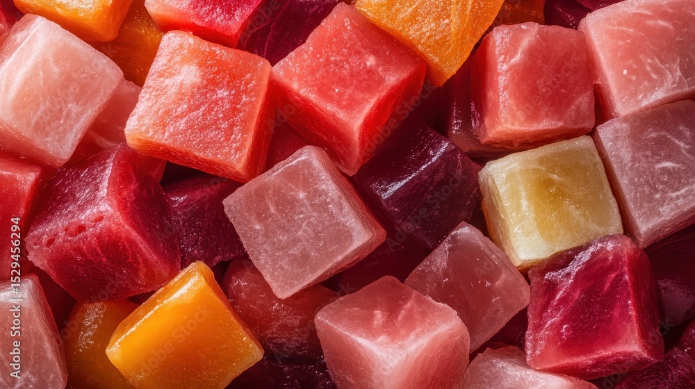 Poster an appealing close-up image capturing an assortment of colorful cubed candies that reflects sweetnes