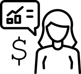 Businesswoman icon with speech bubble showing financial growth