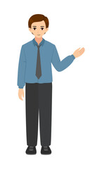 A man wearing blue shirt with hand presenting