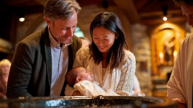 Concept photo of a young family gathered around the font, as a parent gently holds their newborn child ready for baptism.