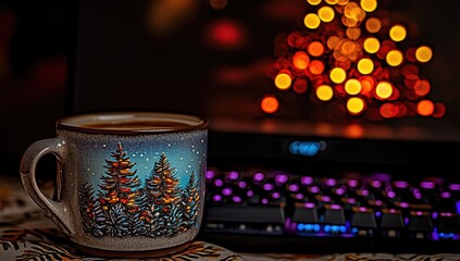 Cozy mug of coffee, Christmas lights bokeh, computer