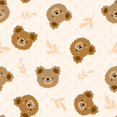Cute hand-drawn brown and beige teddy bear on a pastel peach neutral background with polka dot texture and leaves. Forest seamless pattern.
