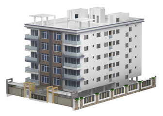 3d rendering of a modern multi-storey residential apartment building with balconies, large windows, and a decorative fence.