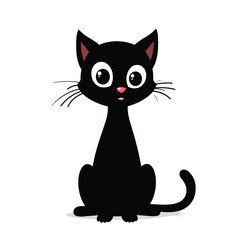 Cartoon Cat Black Silhouette Vector with Big Eyes and Curved Tail on White Background