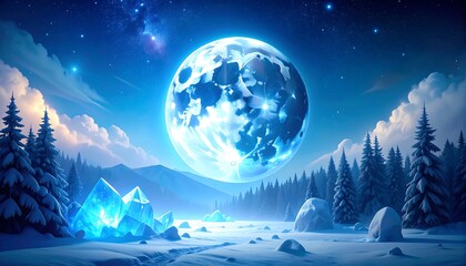 Glowing Moon with Winter Forest Scene.