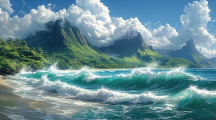 Tropical Coastline with Lush Mountains and Majestic Waves
