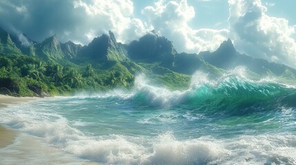 Tropical Coastline with Lush Mountains and Majestic Waves