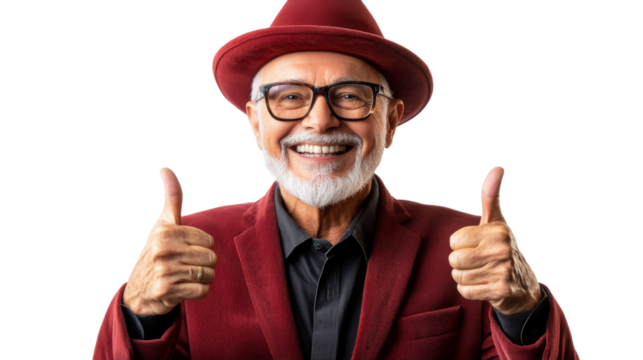 Smiling mature man in hat giving a thumbs up with transparent background.
