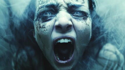 A woman with a distressed expression screams in anguish, her face smeared with dirt, capturing raw emotion and the intensity of fear in a gripping, evocative way.