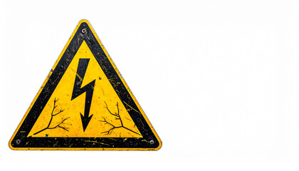 Yellow triangle warning sign with lightning bolt symbol. High voltage danger. Isolated on white
