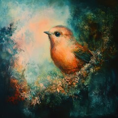 Small, orange-toned bird in a lush, textured forest