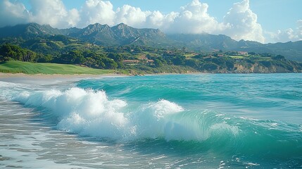 Tropical Coastline with Lush Mountains and Majestic Waves