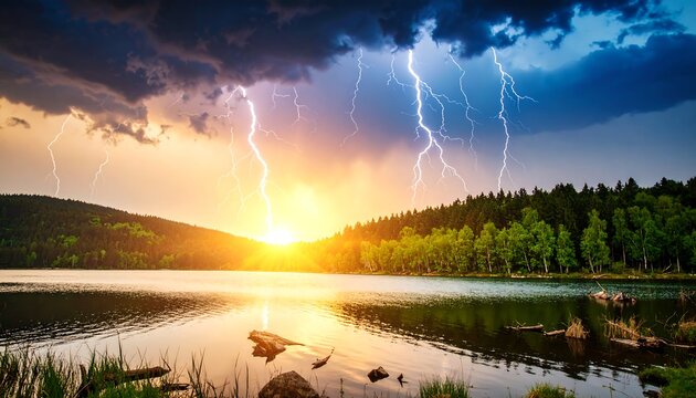 Sunset Lightning Storm Lake Nature. - Powered by Adobe