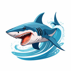 Obraz premium 3D cartoon vector style of a fierce shark with sharp teeth and a wide open jaw, leaping out of stylized waves, playful yet intense for casual T-shirt ar
