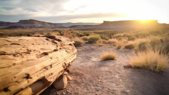 Petrified log lies in arid, desert landscape with distant mesas under a partly cloudy sky at sunset, showing signs of mineralized wood grain details.