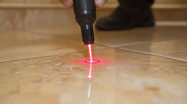 Laser level aligned on tiled floor, ideal for precision construction, renovation, and accurate tile layout in professional settings.